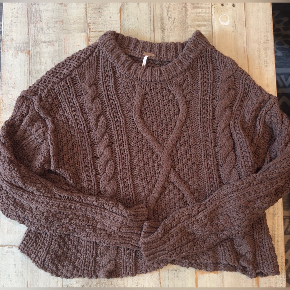 Free People Chocolate Brown Cable Knit Crop Sweater - Picture 2 of 4